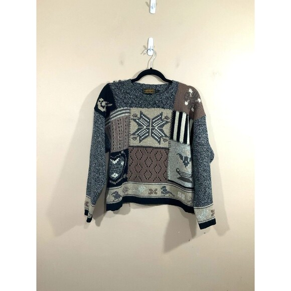 VTG Eddie Bauer Womens Wool Blend Patchwork Sweater S Gray 90s Nordic Holidays - Picture 1 of 6